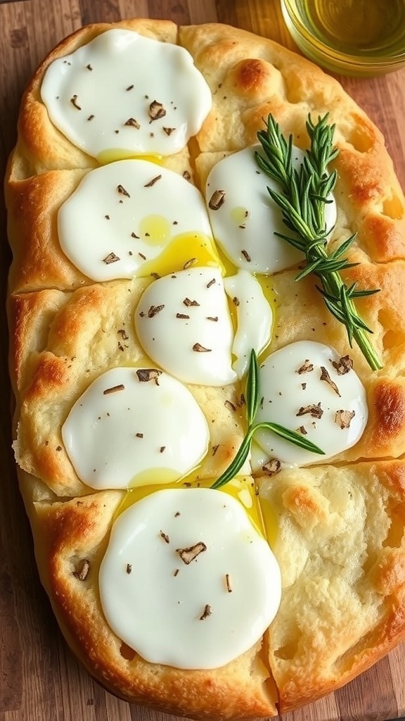 Freshly baked mozzarella focaccia bread with rosemary, cut into squares on a wooden board.